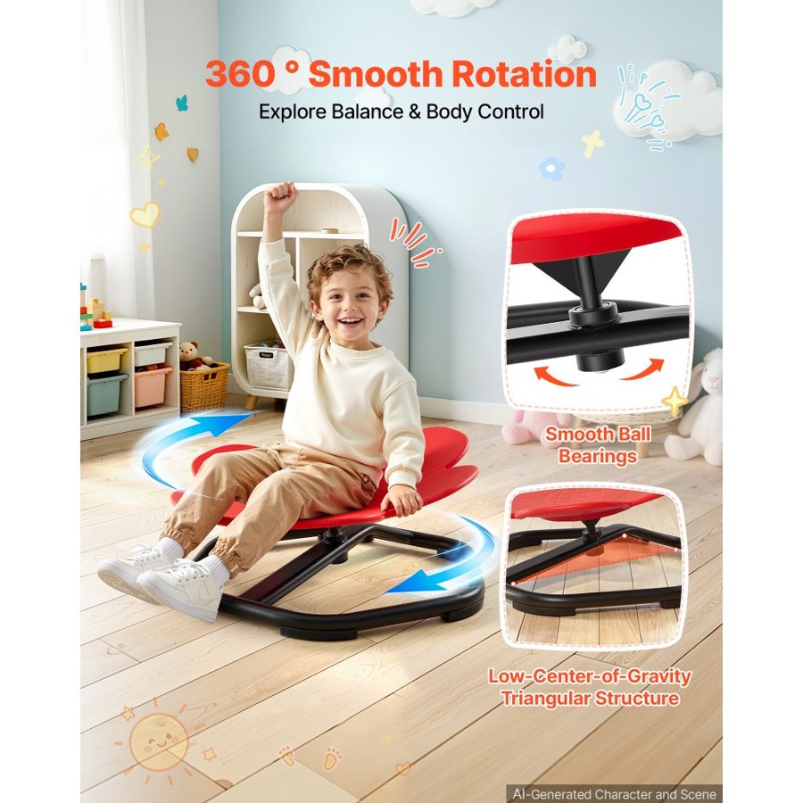 VEVOR Spinning Chair for Autistic Kids Ages 3-12 Autism Sensory Toy 100 kg, Sensory Swivel Seat Products for Children with ADHD, Training Body Coordination Balance, 525 mm x 525 mm, Flower Shape, Red
