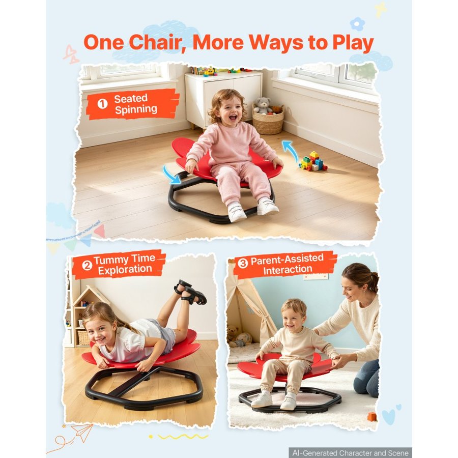 VEVOR Spinning Chair for Autistic Kids Ages 3-12 Autism Sensory Toy 100 kg, Sensory Swivel Seat Products for Children with ADHD, Training Body Coordination Balance, 525 mm x 525 mm, Flower Shape, Red