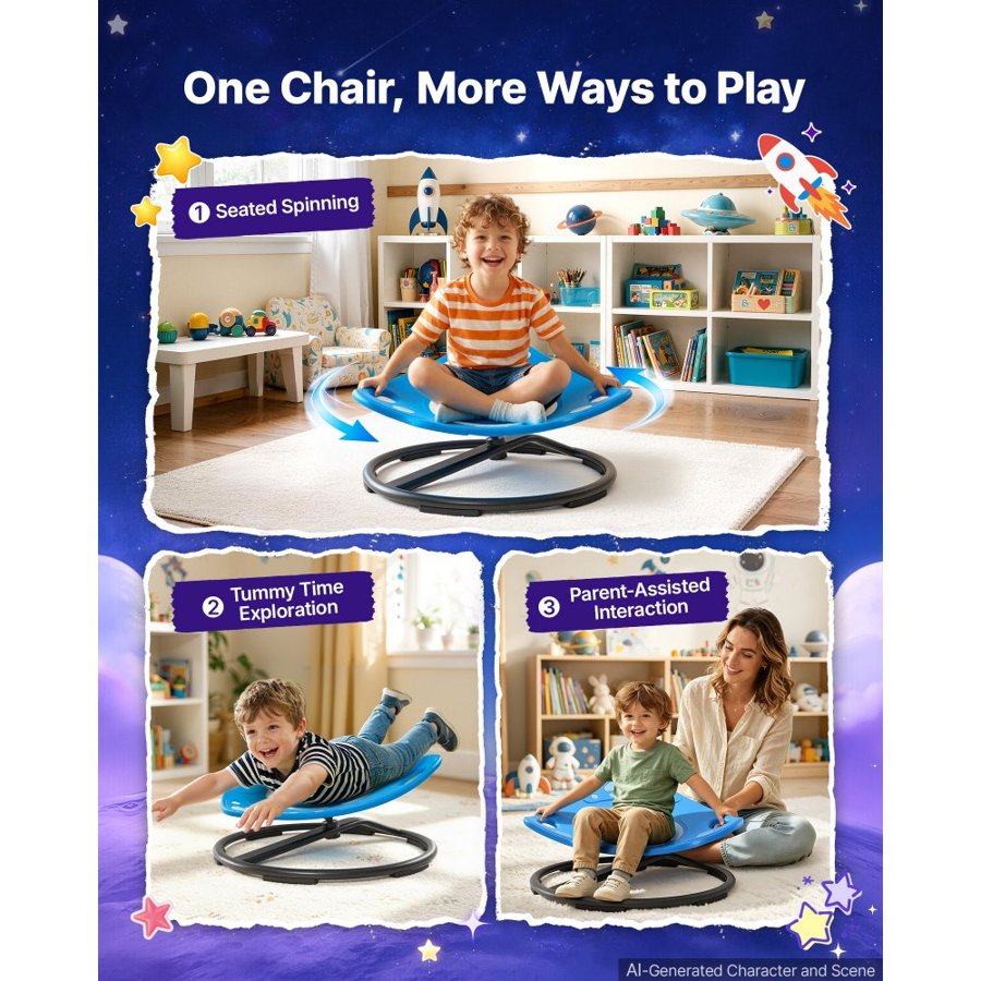 VEVOR Spinning Chair for Autistic Kids Ages 3-12 Autism Sensory Toy 75 kg, Sensory Swivel Seat for Children ADHD, Glow in the Dark, Training Body Coordination, 519 mm x 520 mm, Rocket Shape, Blue