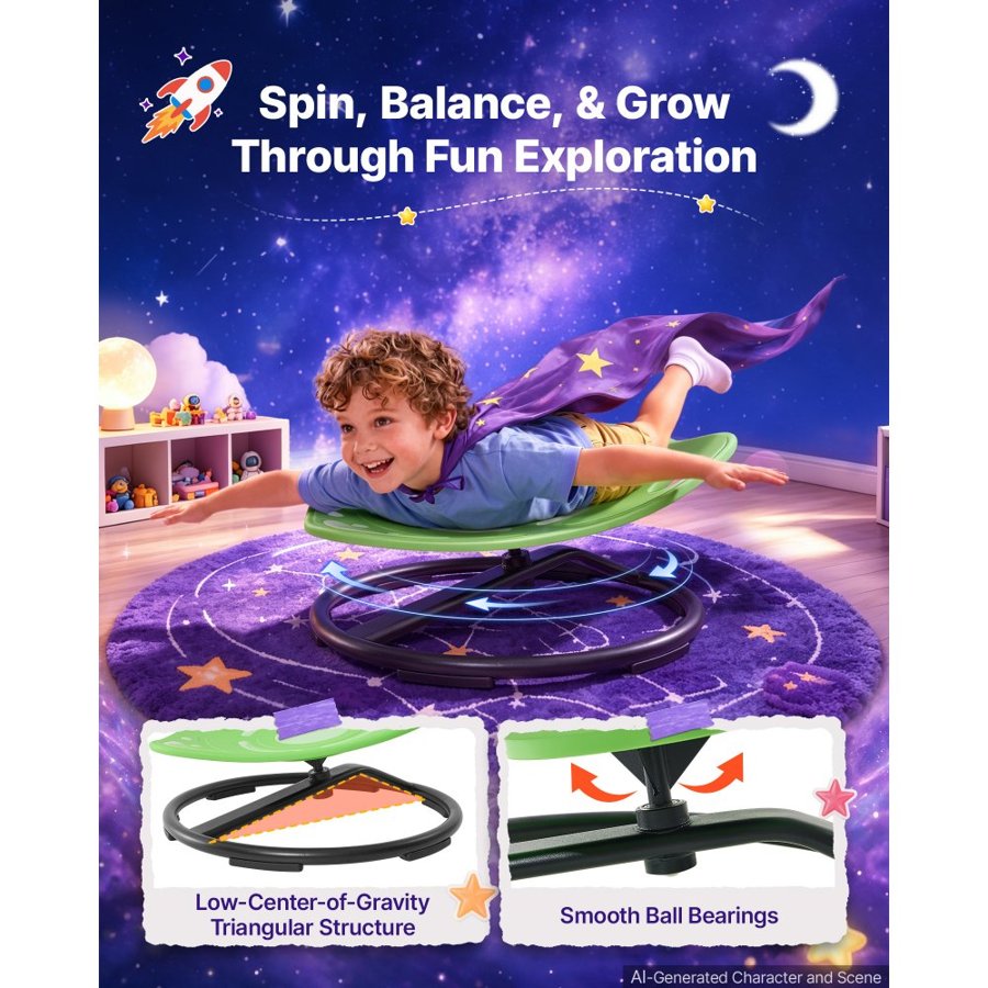 VEVOR Spinning Chair for Autistic Kids Ages 3-12 Autism Sensory Toy 75 kg, Sensory Swivel Seat for Children ADHD, Glow in the Dark, Training Body Coordination, 519 mm x 520 mm, Rocket Shape, Green