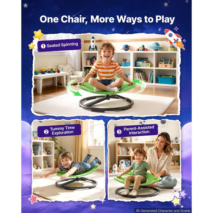 VEVOR Spinning Chair for Autistic Kids Ages 3-12 Autism Sensory Toy 75 kg, Sensory Swivel Seat for Children ADHD, Glow in the Dark, Training Body Coordination, 519 mm x 520 mm, Rocket Shape, Green