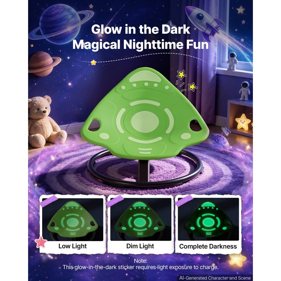 VEVOR Spinning Chair for Autistic Kids Ages 3-12 Autism Sensory Toy 75 kg, Sensory Swivel Seat for Children ADHD, Glow in the Dark, Training Body Coordination, 519 mm x 520 mm, Rocket Shape, Green
