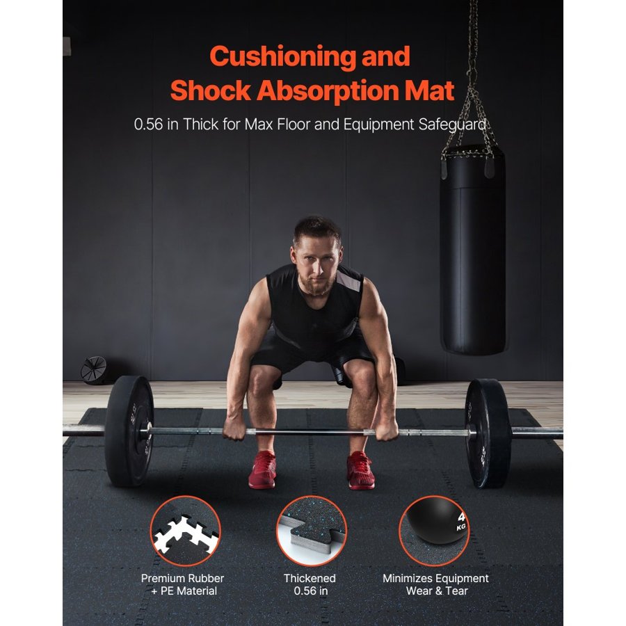 VEVOR 0.56 Inch Thick Gym Floor Mats, 12 Tiles Rubber Top with EVA Foam, 25" x 25" Gym Flooring Workout Mats with 48 sq.ft Coverage, Interlocking Puzzle Gym Mats for Gym, Home, Garage, Black & Blue
