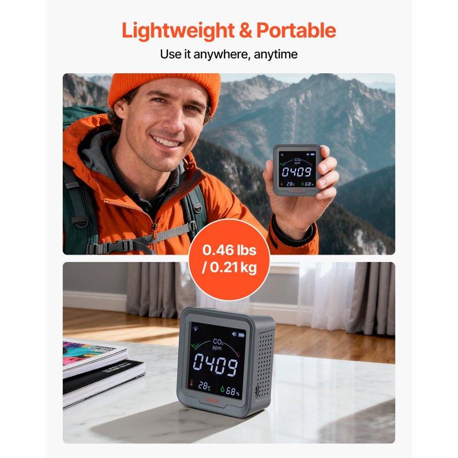 VEVOR CO2 Monitor for Home – 400–5000ppm, 2000mAh Battery