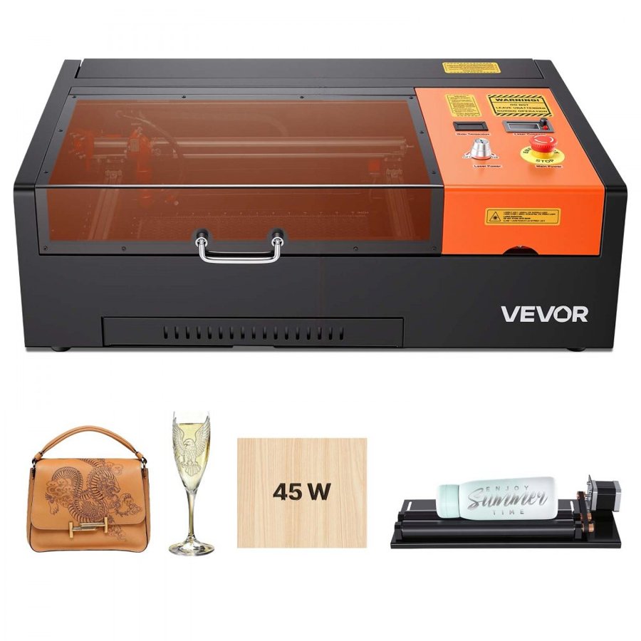 VEVOR 45W CO2 Laser Engraver, 300 x 200 mm, Desktop CO2 Laser Engraver Cutter Machine with Rotary Axis, Air Assist, Engraving Machine Compatible with LightBurn CorelDRAW GRBL, for Wood Acrylic Glass