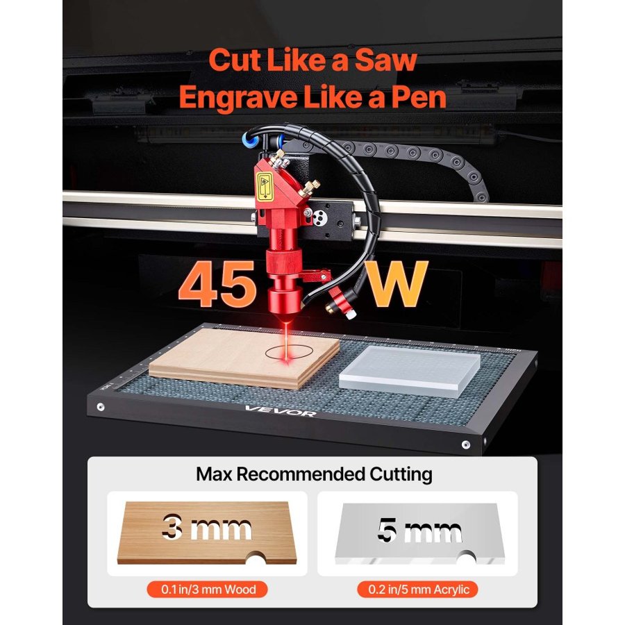 VEVOR 45W CO2 Laser Engraver, 300 x 200 mm, Desktop CO2 Laser Engraver Cutter Machine with Rotary Axis, Air Assist, Engraving Machine Compatible with LightBurn CorelDRAW GRBL, for Wood Acrylic Glass