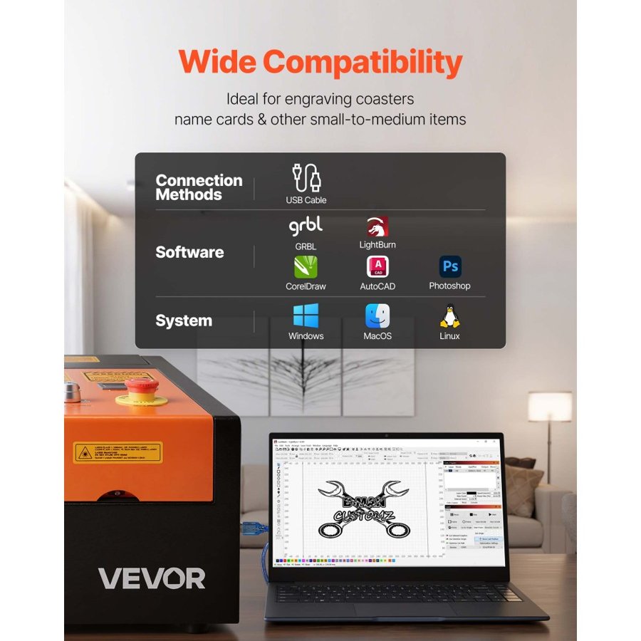VEVOR 45W CO2 Laser Engraver, 300 x 200 mm, Desktop CO2 Laser Engraver Cutter Machine with Rotary Axis, Air Assist, Engraving Machine Compatible with LightBurn CorelDRAW GRBL, for Wood Acrylic Glass