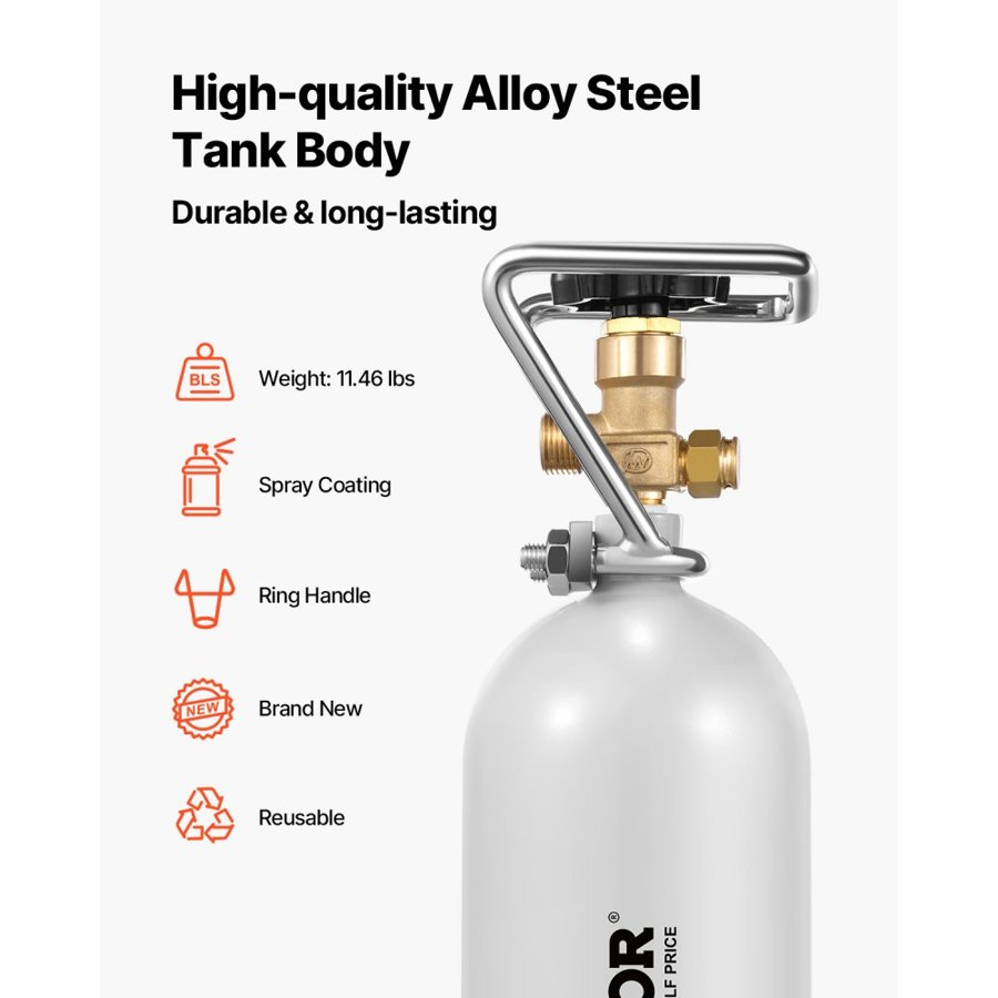 VEVOR CO2 Tank, 4.41 lbs New Alloy Steel Cylinder, CO2 Air Tank with Gray Spray Coating, DIN477 Valve, Handle & Adjustable Pressure, TUV Approved Gas Cylinder for Draft Beer Dispensing and Soda Maker
