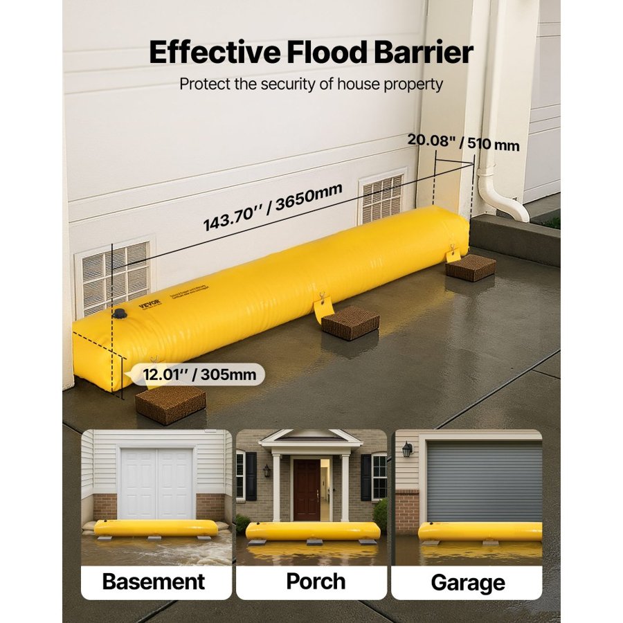 VEVOR Flood Barrier, 3.66 m Length x 51 cm Height Sandbag Alternative, Water Barrier for Flooding with Great Waterproof Effect, Reusable PVC Water Diversion Tubes, Flood Barriers for Home, Door, Garage
