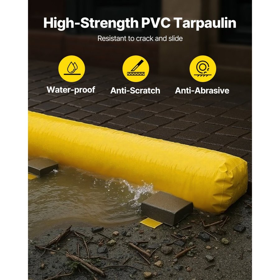 VEVOR Flood Barrier, 3.66 m Length x 51 cm Height Sandbag Alternative, Water Barrier for Flooding with Great Waterproof Effect, Reusable PVC Water Diversion Tubes, Flood Barriers for Home, Door, Garage