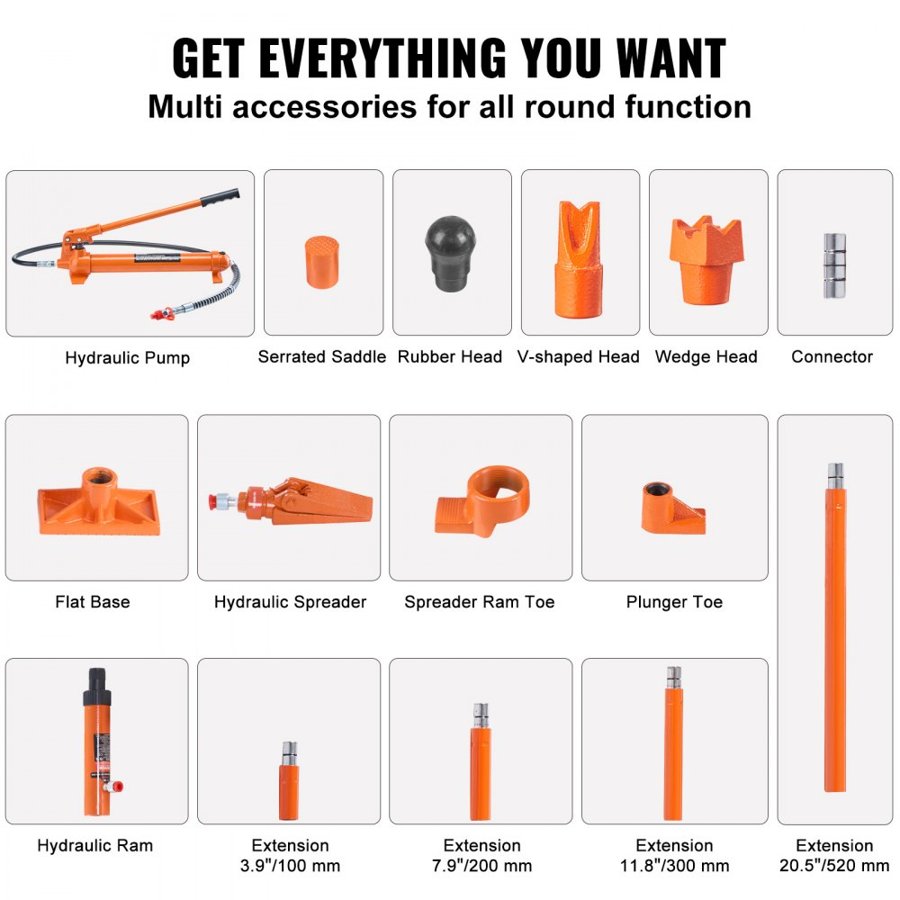 VEVOR Hydraulic Porta Power Kit – 12 Ton, 4.6 ft Oil Hose