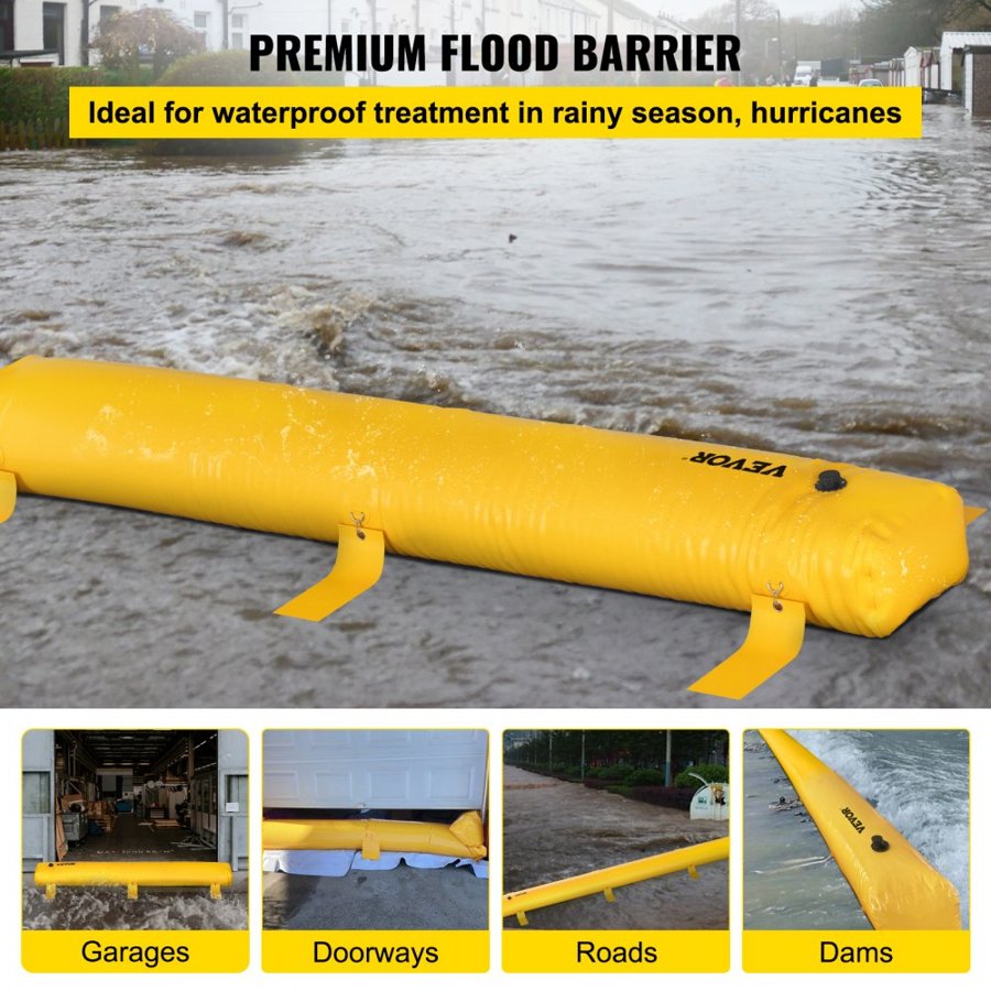 VEVOR Flood Bag, 732 × 50.8 × 30.5 cm, Reusable PVC Water Diversion Tubes, Lightweight with Excellent Waterproof Effect Used for Doorways, Garages, Yellow