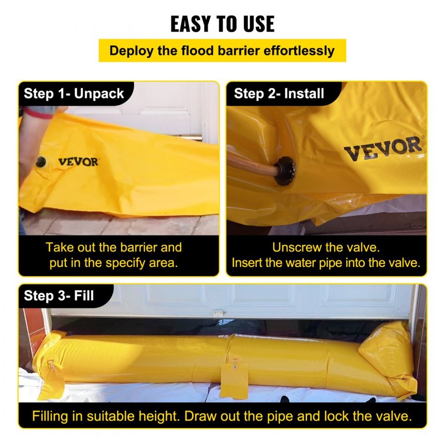 VEVOR Flood Bag, 732 × 50.8 × 30.5 cm, Reusable PVC Water Diversion Tubes, Lightweight with Excellent Waterproof Effect Used for Doorways, Garages, Yellow