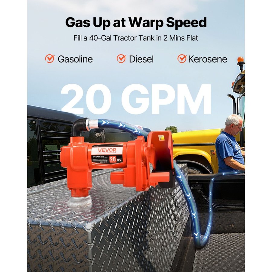 VEVOR Fuel Transfer Pump, 12V DC 76 L/min(20 GPM) 186W(1/4 HP) Diesel Pump, Extractor Pumps with Manual Nozzle, Discharge Hose and Suction Pipe, for Gasoline, Diesel, Kerosene, Ethanol-Methanol Blends & Biodiesel