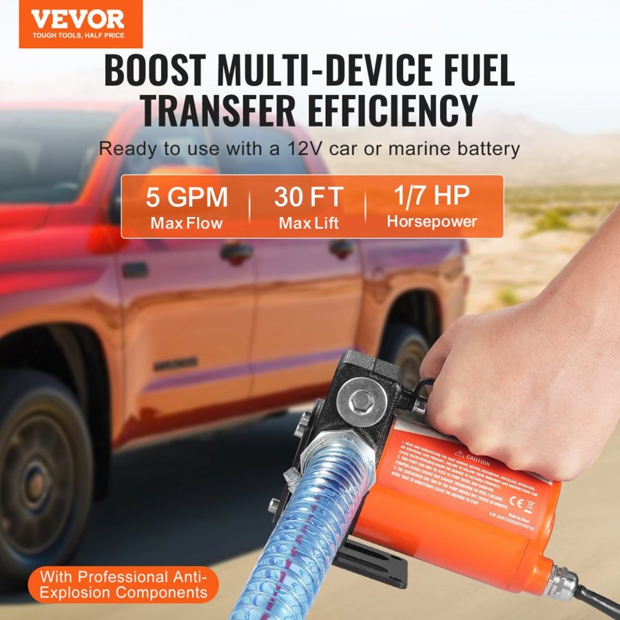 VEVOR Fuel Pump 12V Diesel – 5.3 GPM, 30 FT, 6.6 Foot PVC