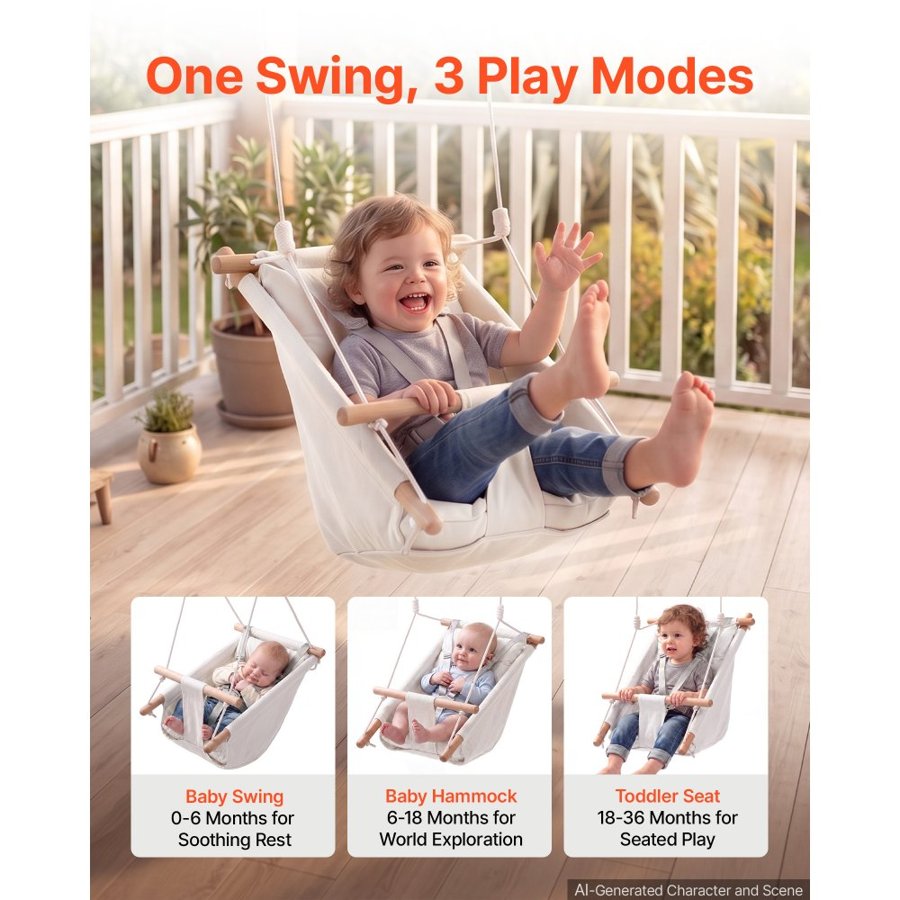 VEVOR Baby Swing 30 kg Weight Capacity 3 Modes Canvas Hammock Swing White, for Indoor and Outdoor, 5-Point Harness and Tree Straps, Wooden Hanging Seat with Integrated Cushion for Baby to Toddler