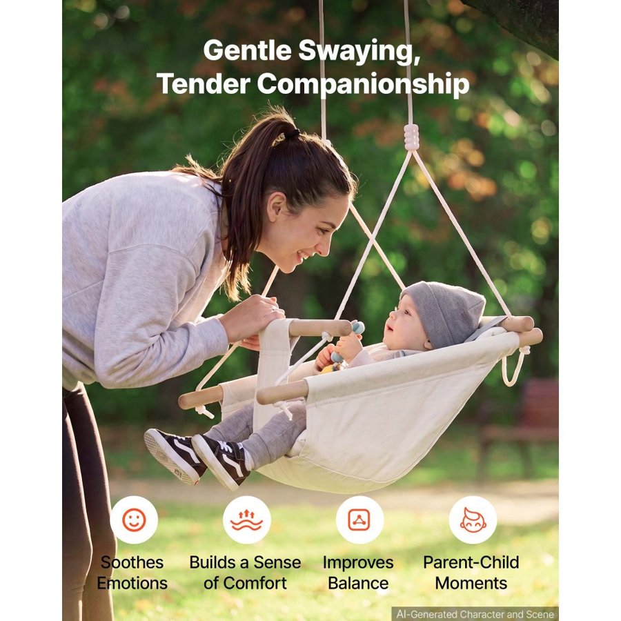 VEVOR Baby Swing 30 kg Weight Capacity 3 Modes Canvas Hammock Swing White, for Indoor and Outdoor, 5-Point Harness and Tree Straps, Wooden Hanging Seat with Integrated Cushion for Baby to Toddler