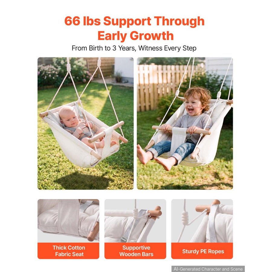 VEVOR Baby Swing 30 kg Weight Capacity 3 Modes Canvas Hammock Swing White, for Indoor and Outdoor, 5-Point Harness and Tree Straps, Wooden Hanging Seat with Integrated Cushion for Baby to Toddler