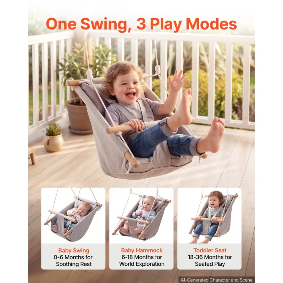 VEVOR Baby Swing 30 kg Weight Capacity 3 Modes Canvas Hammock Swing Gray, for Indoor and Outdoor, 5-Point Harness and Tree Straps, Wooden Hanging Seat with Integrated Cushion for Baby to Toddler