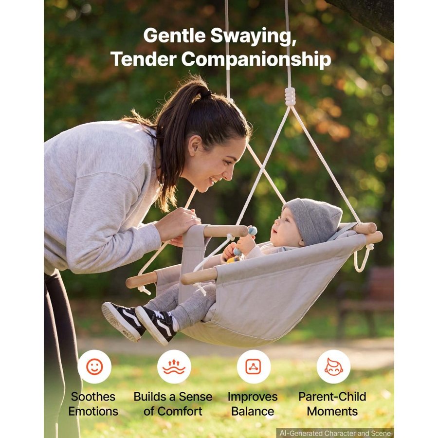 VEVOR Baby Swing 30 kg Weight Capacity 3 Modes Canvas Hammock Swing Gray, for Indoor and Outdoor, 5-Point Harness and Tree Straps, Wooden Hanging Seat with Integrated Cushion for Baby to Toddler