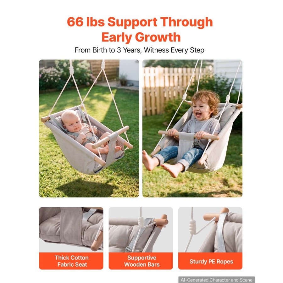 VEVOR Baby Swing 30 kg Weight Capacity 3 Modes Canvas Hammock Swing Gray, for Indoor and Outdoor, 5-Point Harness and Tree Straps, Wooden Hanging Seat with Integrated Cushion for Baby to Toddler
