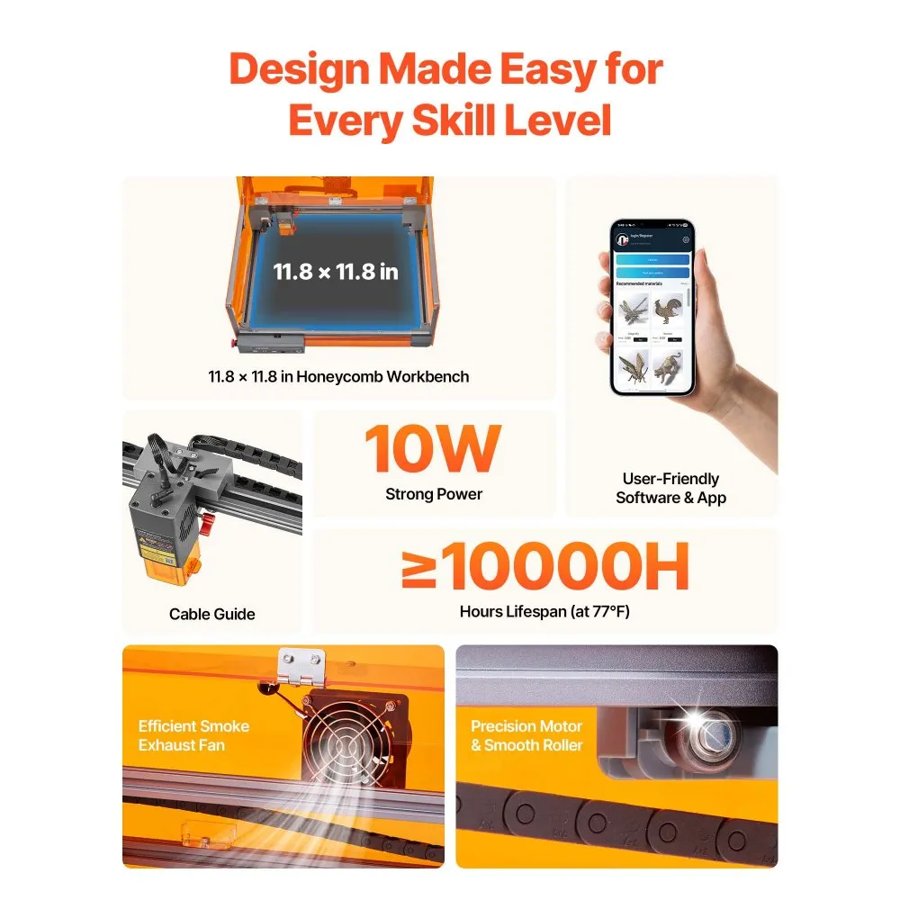 VEVOR Laser Engraver, 10W, Laser Engraving and Cutting Machine with Enclosure, Laser Cutter Engraver Machine, 300 x 300 mm Working Area, 7000 mm/min, for Wood, Leather, Glass, Certain Metal, Class 1