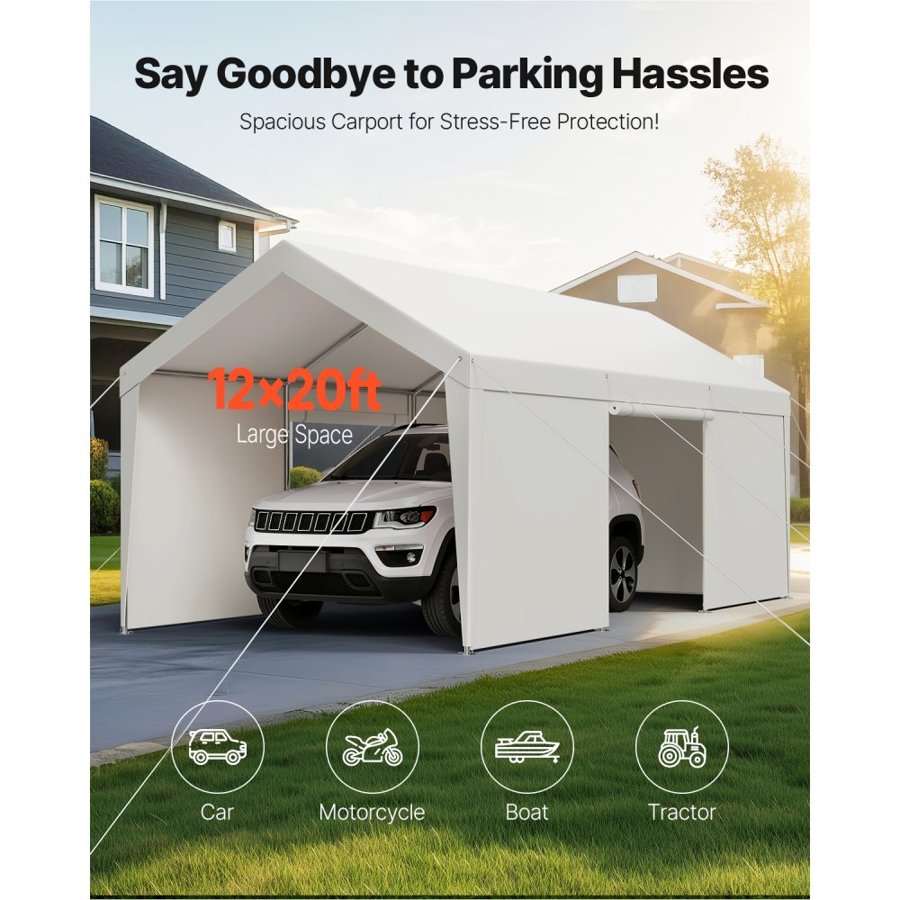VEVOR Carport, 12 x 20 FT Outdoor Car Canopy, Potable Carport with Removable Sidewalls & Door, Heavy Duty Car Shelter, UV-Resistant & Water-Resistant, All-Season Protection for Automobile Boat White
