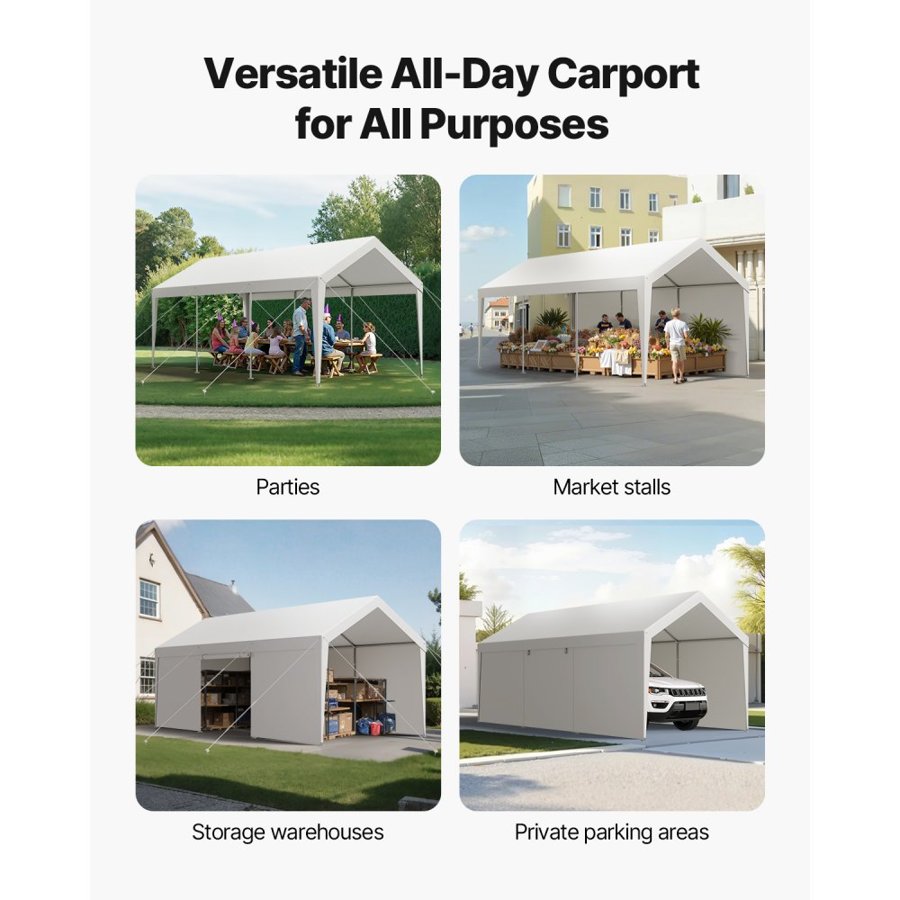 VEVOR Carport, 12 x 20 FT Outdoor Car Canopy, Potable Carport with Removable Sidewalls & Door, Heavy Duty Car Shelter, UV-Resistant & Water-Resistant, All-Season Protection for Automobile Boat White