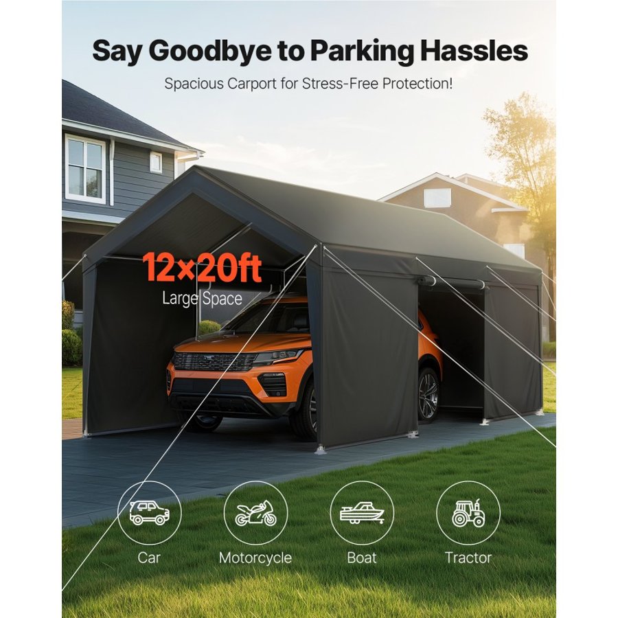 VEVOR 12 x 20 Carport Canopy – Removable Sidewalls, Grey
