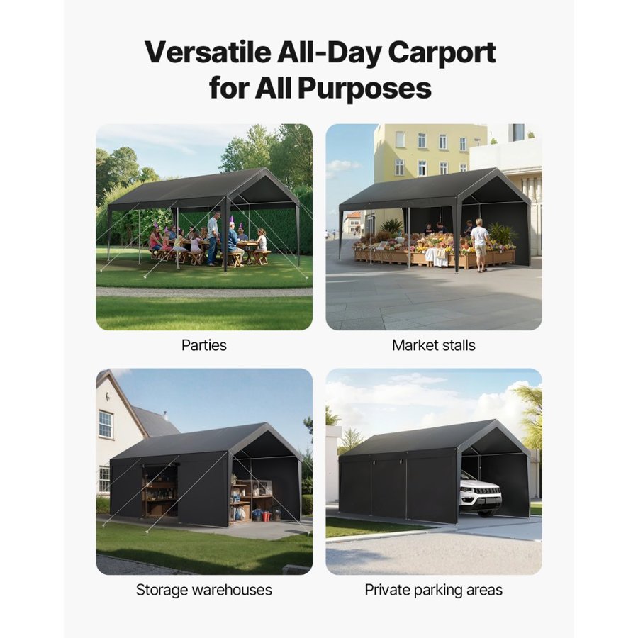 VEVOR 12 x 20 Carport Canopy – Removable Sidewalls, Grey