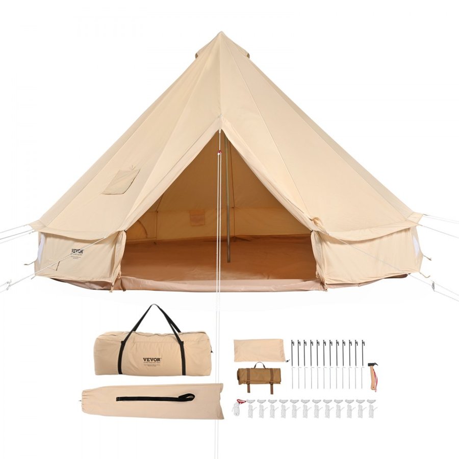 VEVOR Canvas Bell Tent, 4 Seasons 5 m/16.4 ft Yurt Tent, Canvas Tent for Camping with Stove Jack, Breathable Tent Holds up to 8 People, Family Camping Outdoor Hunting Party