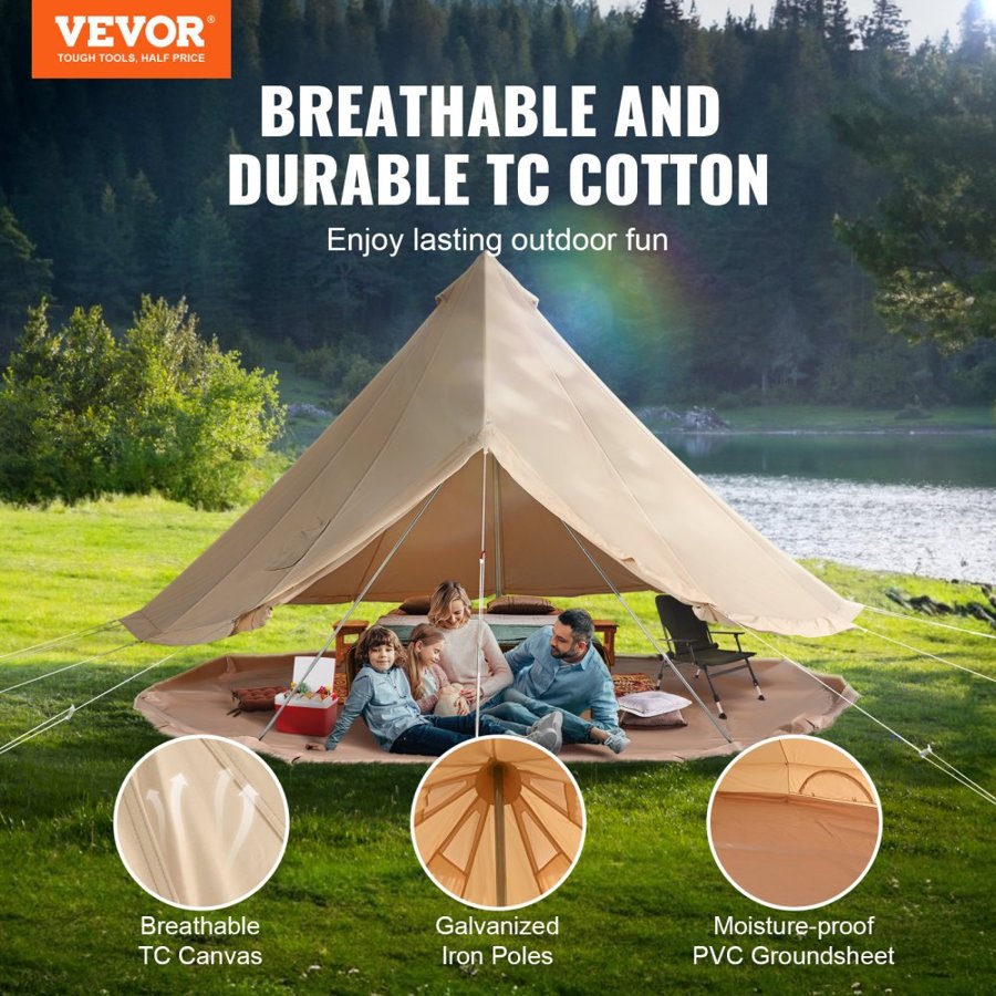 VEVOR Canvas Bell Tent, 4 Seasons 5 m/16.4 ft Yurt Tent, Canvas Tent for Camping with Stove Jack, Breathable Tent Holds up to 8 People, Family Camping Outdoor Hunting Party