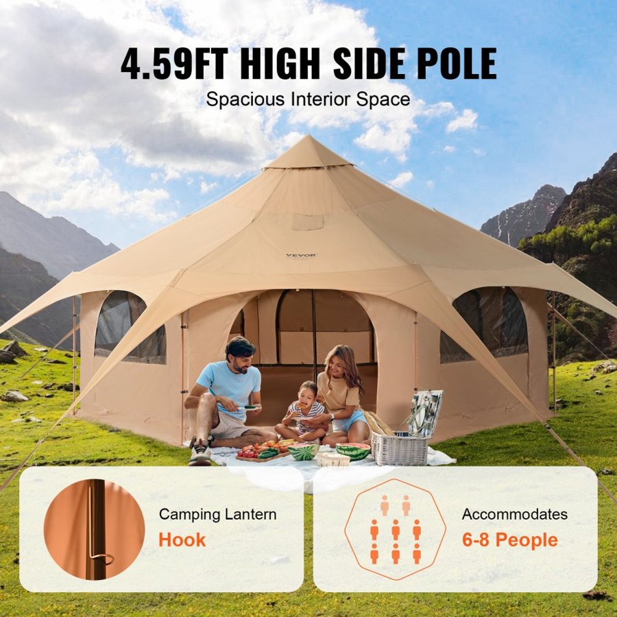 VEVOR Canvas Tent, 4 Seasons 5 m/16.4 ft Bell Tent, Canvas Tent for Camping with Stove Jack, Breathable Yurt Tent for up to 8 People, Family Camping Outdoor Hunting Party