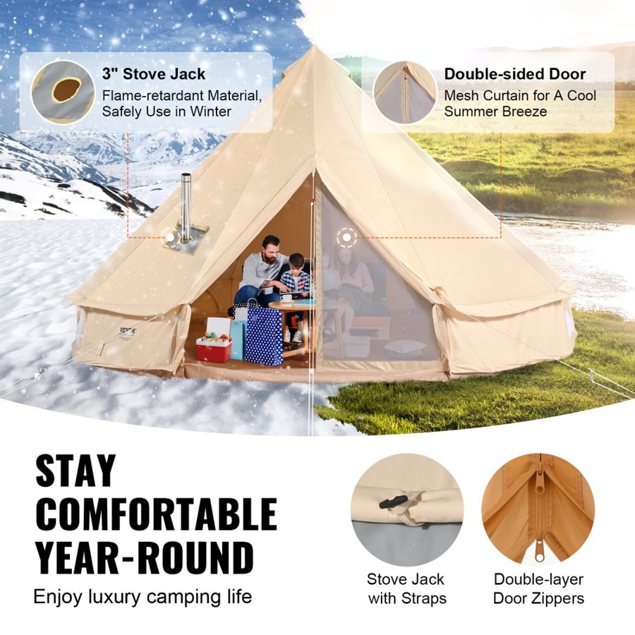 VEVOR Canvas Bell Tent, 4 Seasons 7 m/22.97 ft Yurt Tent, Canvas Tent for Camping with Stove Jack, Breathable Tent Holds up to 12 People, Family Camping Outdoor Hunting Party
