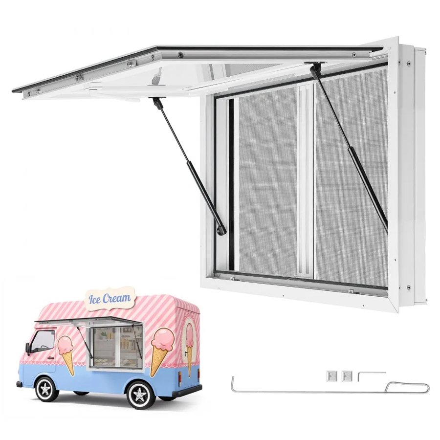 VEVOR Concession Window 915x610mm Aluminum Alloy & Acrylic Service Window, for Food Truck, Up to 85 Degrees Stand Serving w/ 2 Sliding Screen Windows, Awning Door and Drag Hook, Rainwater Resistant