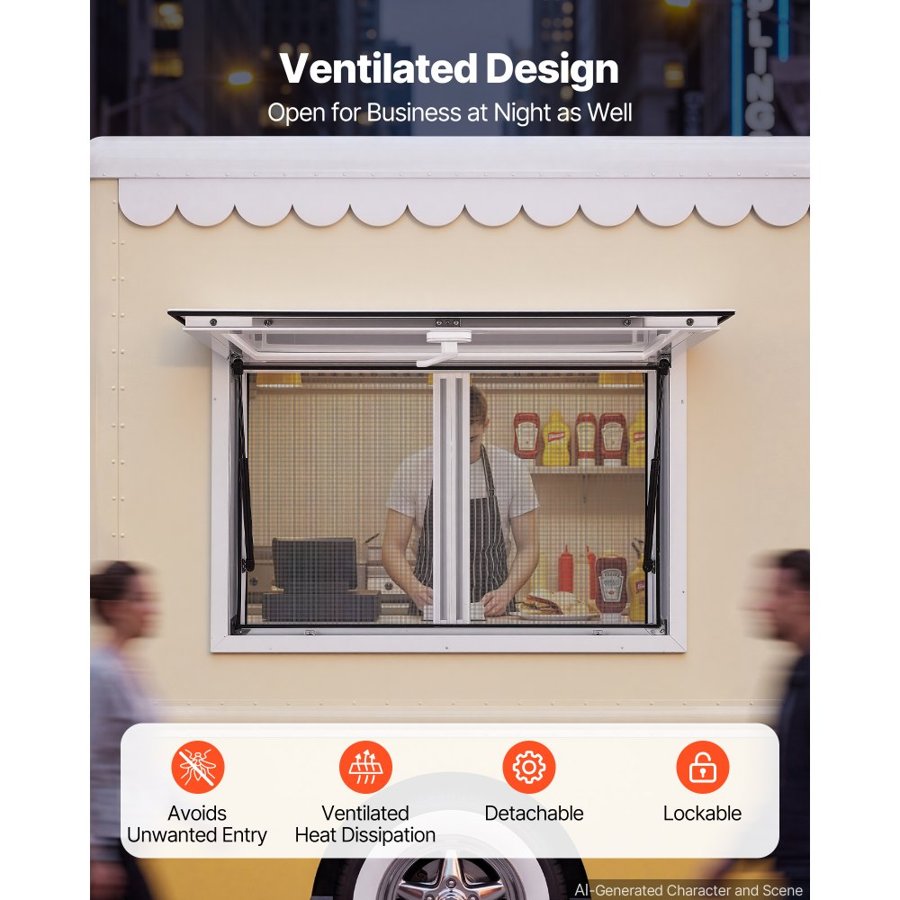 VEVOR Concession Window 915x610mm Aluminum Alloy & Acrylic Service Window, for Food Truck, Up to 85 Degrees Stand Serving w/ 2 Sliding Screen Windows, Awning Door and Drag Hook, Rainwater Resistant