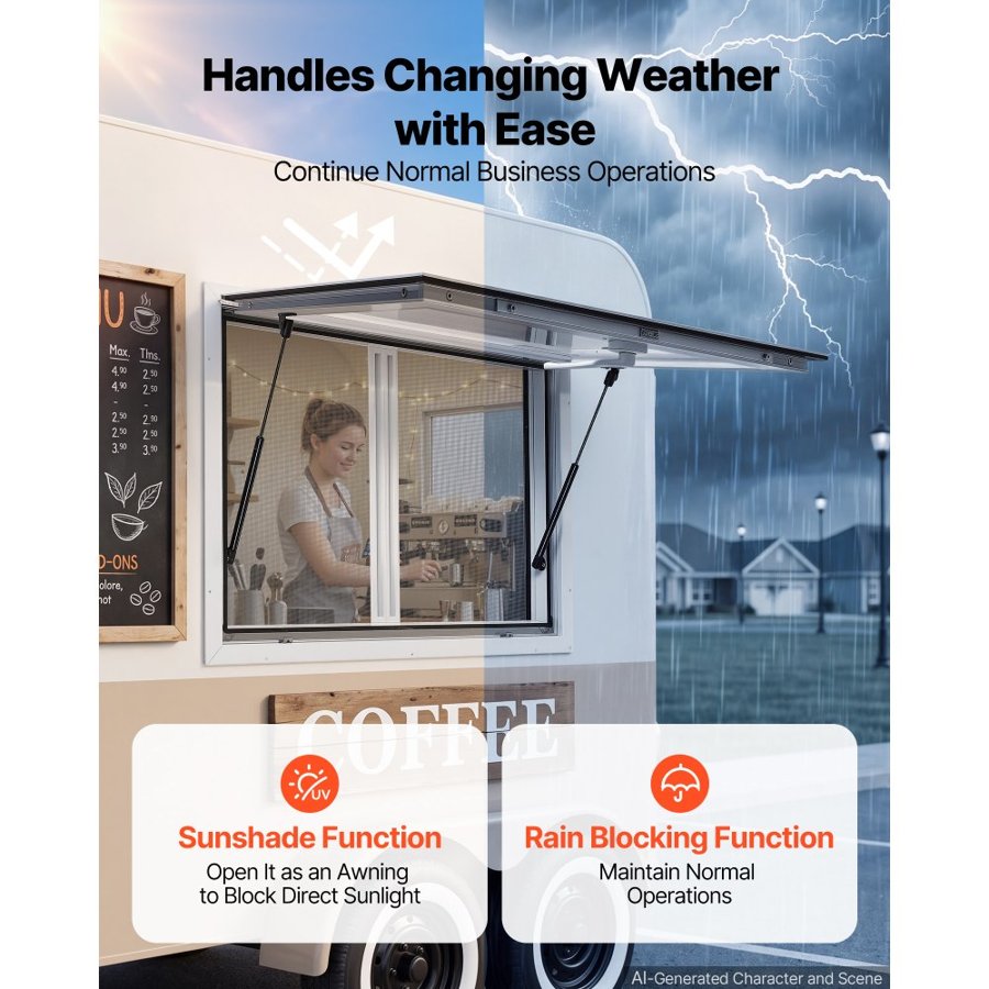 VEVOR Concession Window 915x610mm Aluminum Alloy & Acrylic Service Window, for Food Truck, Up to 85 Degrees Stand Serving w/ 2 Sliding Screen Windows, Awning Door and Drag Hook, Rainwater Resistant
