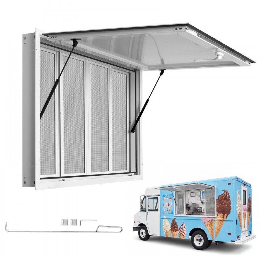 VEVOR Concession Window 1143x762mm Aluminum Alloy Service Window, for Food Truck, Up to 85 Degrees Stand Serving w/ 4 Sliding Screen Windows, Awning Door and Drag Hook, Rainwater Resistant