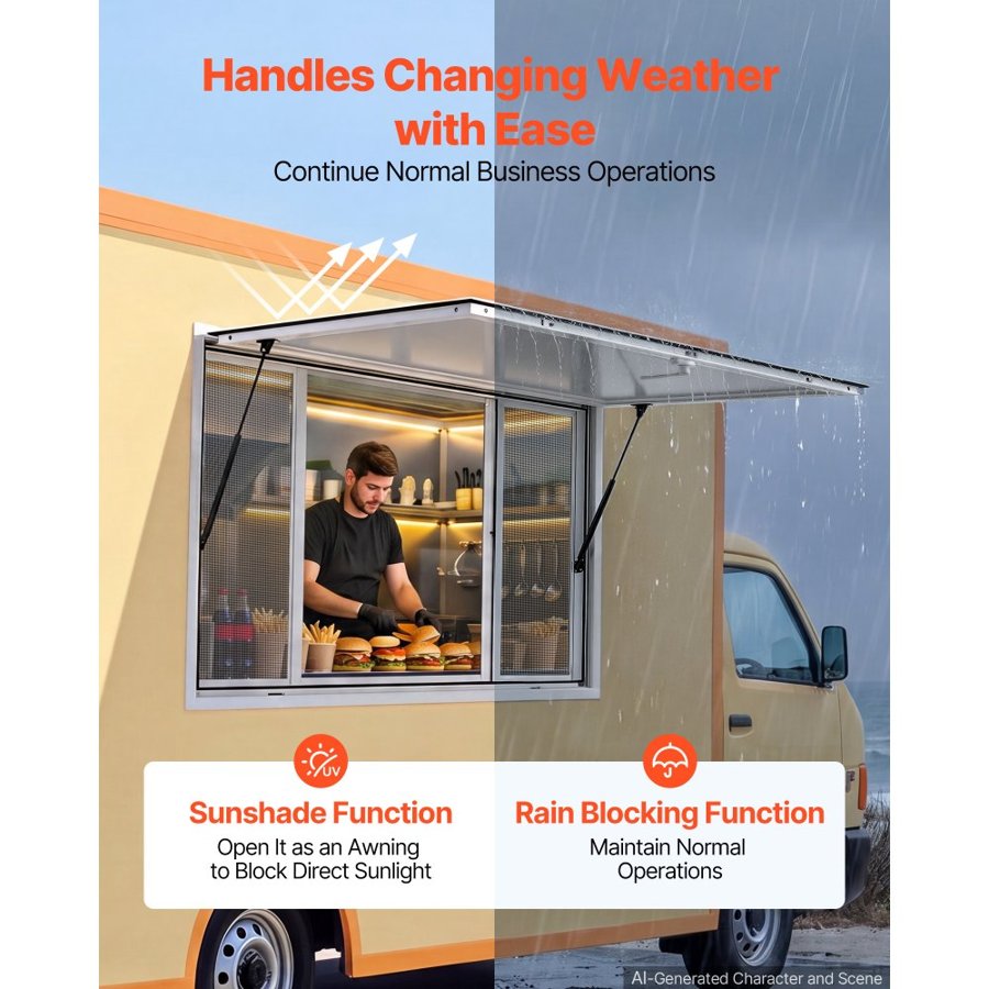 VEVOR Concession Window 1143x762mm Aluminum Alloy Service Window, for Food Truck, Up to 85 Degrees Stand Serving w/ 4 Sliding Screen Windows, Awning Door and Drag Hook, Rainwater Resistant