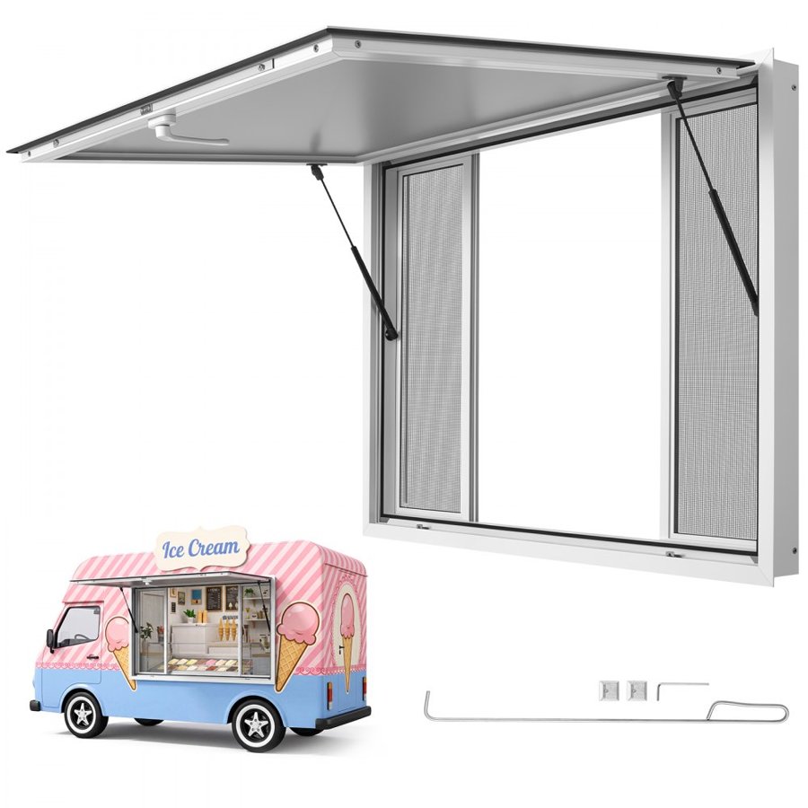 VEVOR Concession Window 1220x915mm Aluminum Alloy Frame Service Window, for Food Truck, Up to 85 Degrees Stand Serving w/ 4 Sliding Screen Windows, Awning Door and Drag Hook, Rainwater Resistant