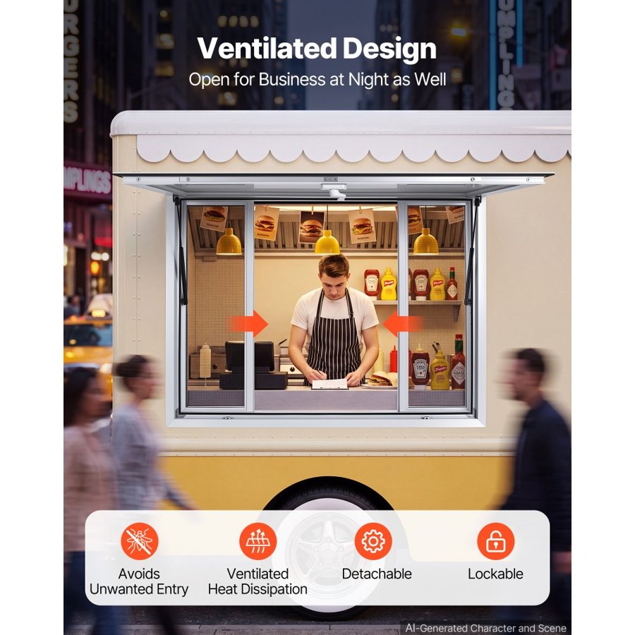 VEVOR Concession Window 1220x915mm Aluminum Alloy Frame Service Window, for Food Truck, Up to 85 Degrees Stand Serving w/ 4 Sliding Screen Windows, Awning Door and Drag Hook, Rainwater Resistant