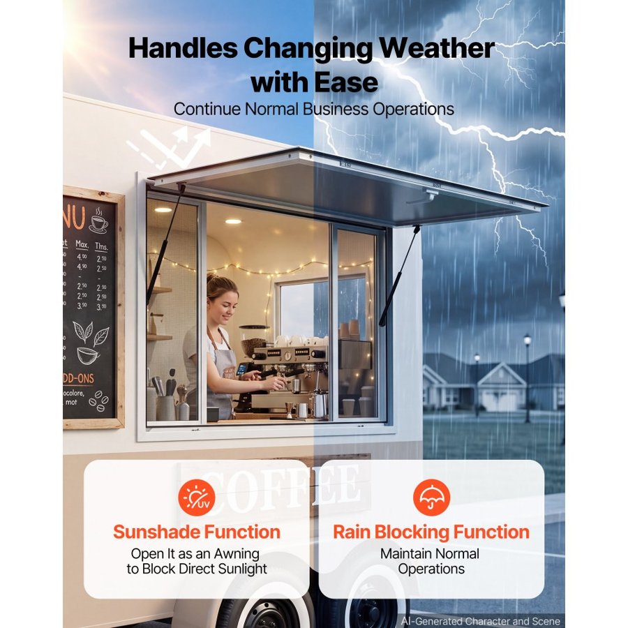 VEVOR Concession Window 1220x915mm Aluminum Alloy Frame Service Window, for Food Truck, Up to 85 Degrees Stand Serving w/ 4 Sliding Screen Windows, Awning Door and Drag Hook, Rainwater Resistant