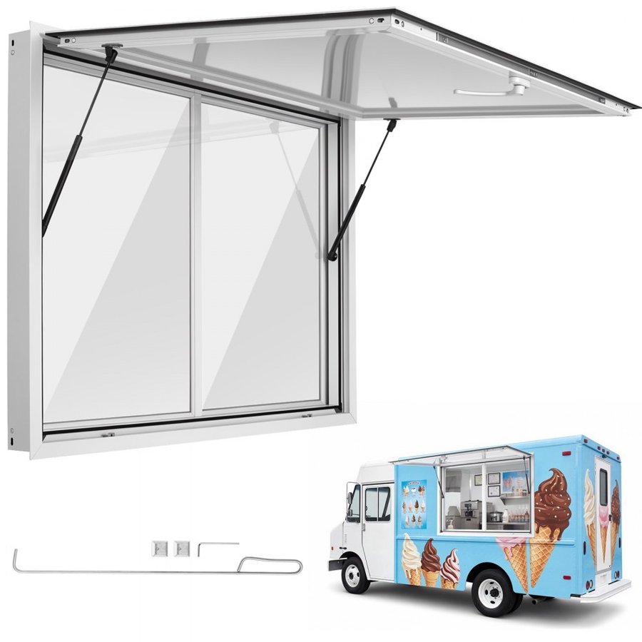 VEVOR Concession Window 1220x915mm Aluminum Alloy Service Window, for Food Truck, Up to 85 Degrees Stand Serving w/ 2 Sliding Acrylic Windows, Awning Door and Drag Hook, Rainwater Resistant