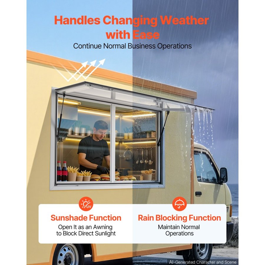 VEVOR Concession Window 1220x915mm Aluminum Alloy Service Window, for Food Truck, Up to 85 Degrees Stand Serving w/ 2 Sliding Acrylic Windows, Awning Door and Drag Hook, Rainwater Resistant