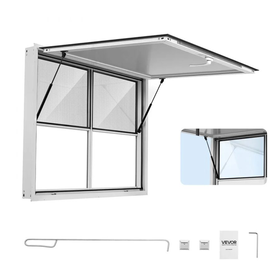 VEVOR Concession Window 1220x915mm Aluminum Alloy Service Window, for Food Truck, Up to 85 Degrees Stand Serving w/ 2 Fixed & 2 Sliding Windows, Awning Door and Drag Hook, Rainwater Resistant