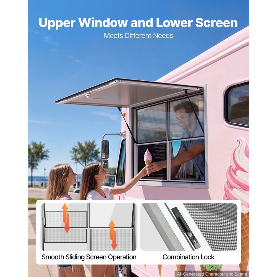 VEVOR Concession Window 1220x915mm Aluminum Alloy Service Window, for Food Truck, Up to 85 Degrees Stand Serving w/ 2 Fixed & 2 Sliding Windows, Awning Door and Drag Hook, Rainwater Resistant