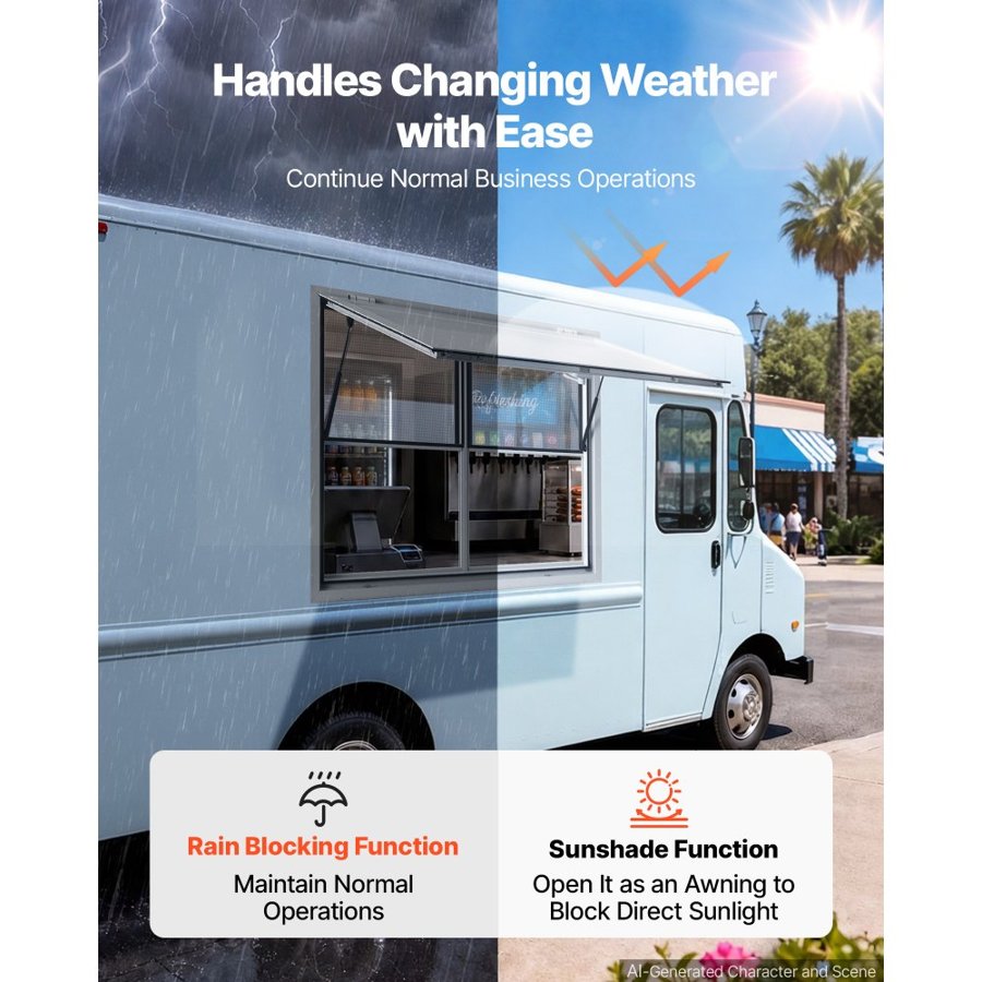 VEVOR Concession Window 1220x915mm Aluminum Alloy Service Window, for Food Truck, Up to 85 Degrees Stand Serving w/ 2 Fixed & 2 Sliding Windows, Awning Door and Drag Hook, Rainwater Resistant