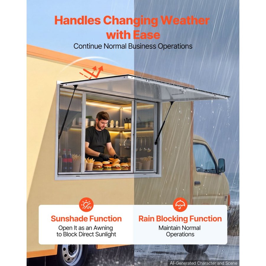 VEVOR Concession Window 1524x915mm Aluminum Alloy Frame Service Window, for Food Truck, Up to 85 Degrees Stand Serving w/ 4 Sliding Screen Windows, Awning Door and Drag Hook, Rainwater Resistant