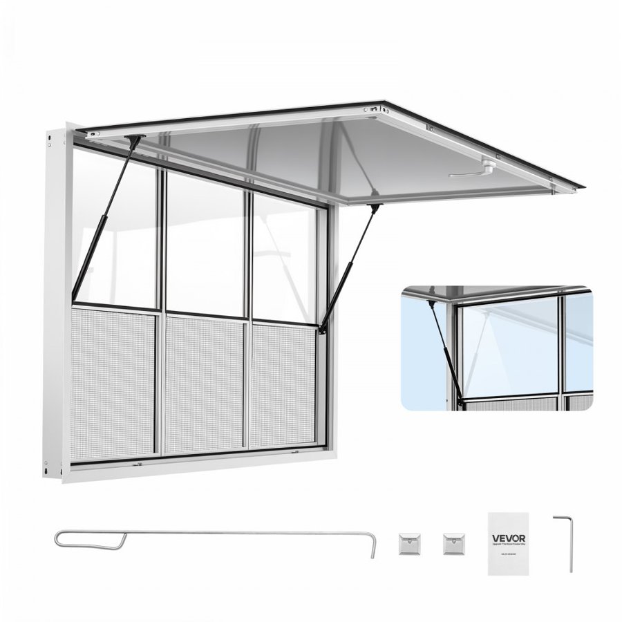 VEVOR Concession Window 1626x1016mm Aluminum Alloy Service Window, for Food Truck, Up to 85 Degrees Stand Serving w/ 3 Fixed & 3 Sliding Windows, Awning Door and Drag Hook, Rainwater Resistant