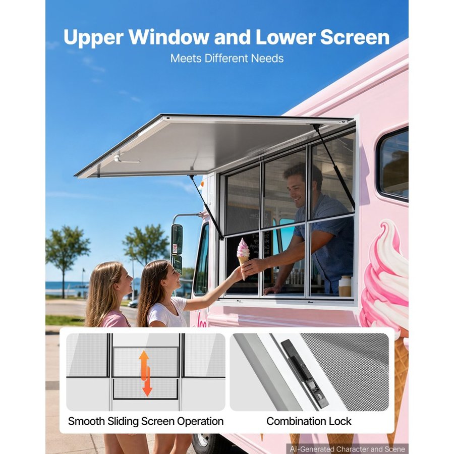VEVOR Concession Window 1626x1016mm Aluminum Alloy Service Window, for Food Truck, Up to 85 Degrees Stand Serving w/ 3 Fixed & 3 Sliding Windows, Awning Door and Drag Hook, Rainwater Resistant